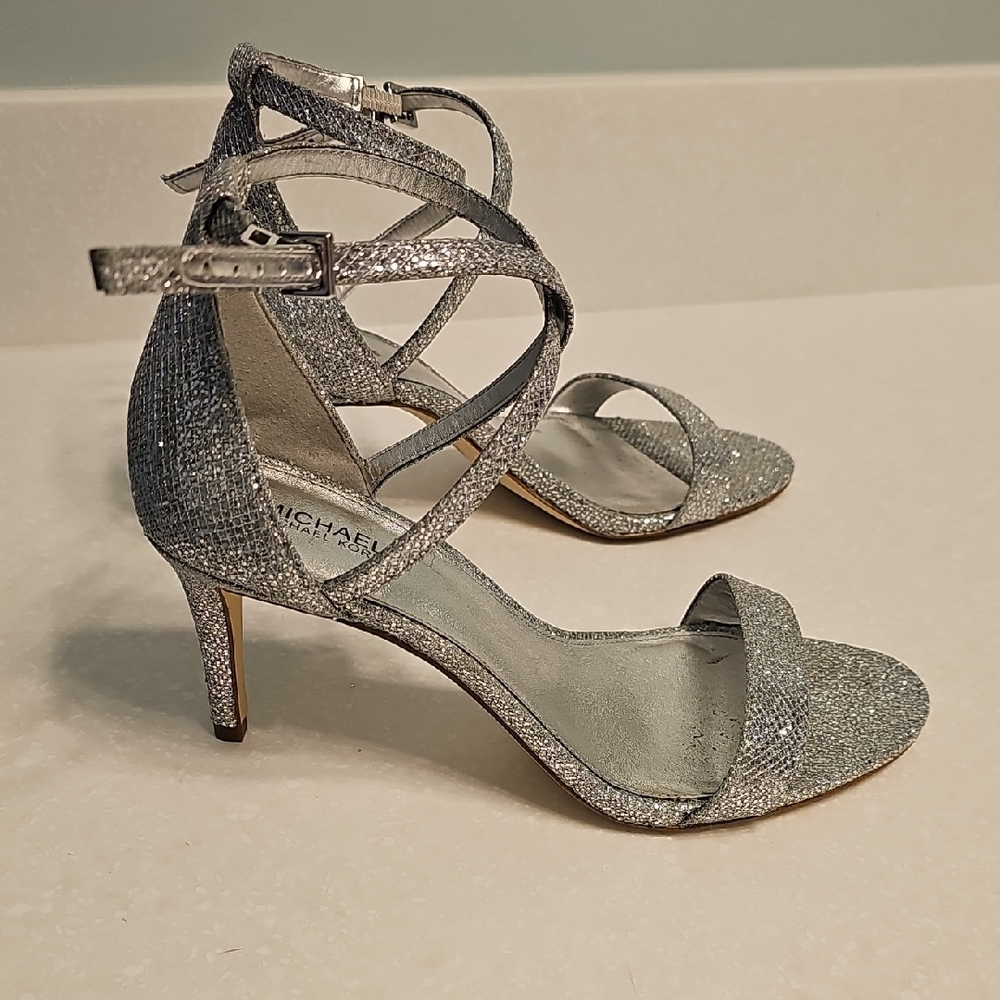 Michael Kors Silver Strappy Heels, Size 7.5M